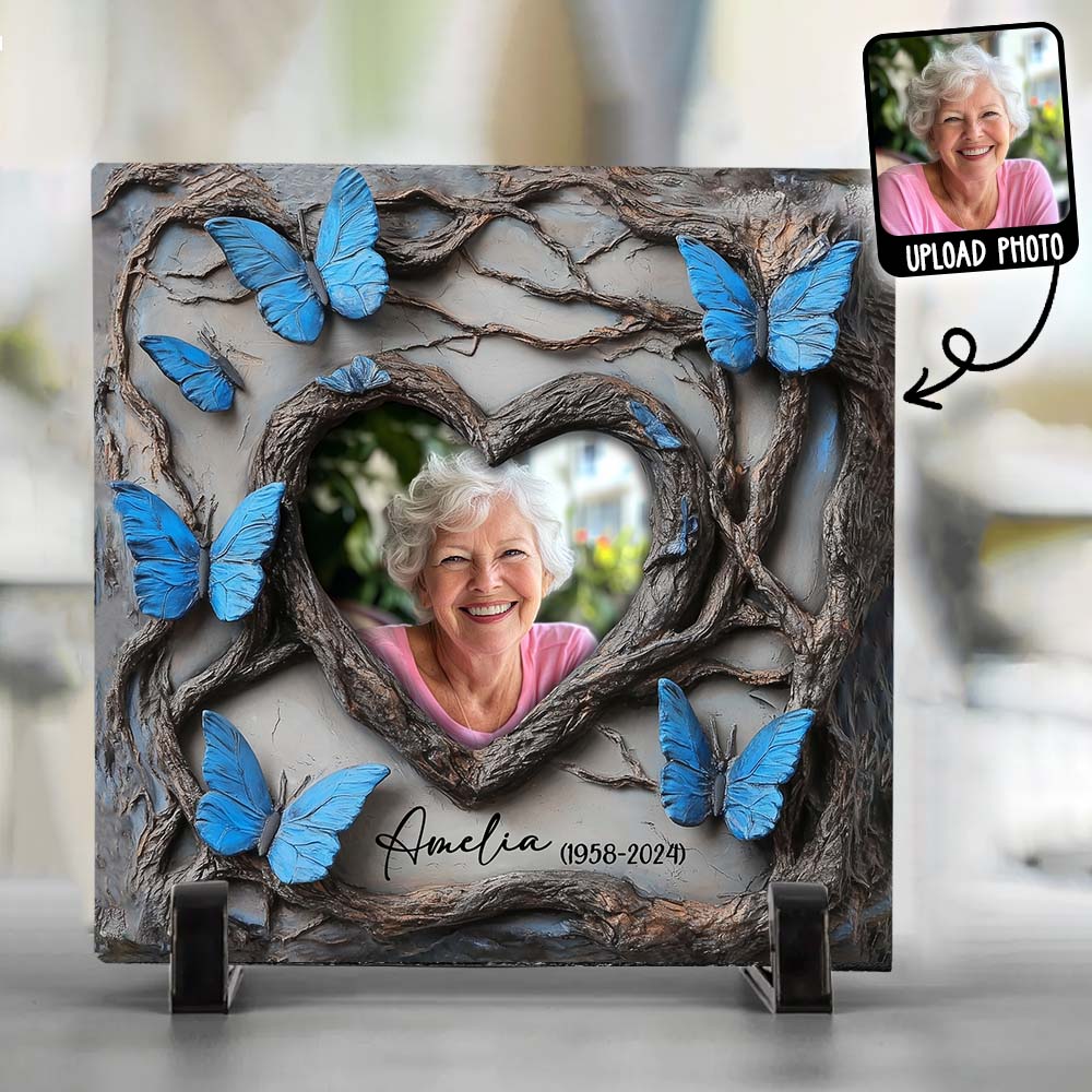 In Loving Memory Blue Butterfly - Personalized Memorial Square Shaped Stone