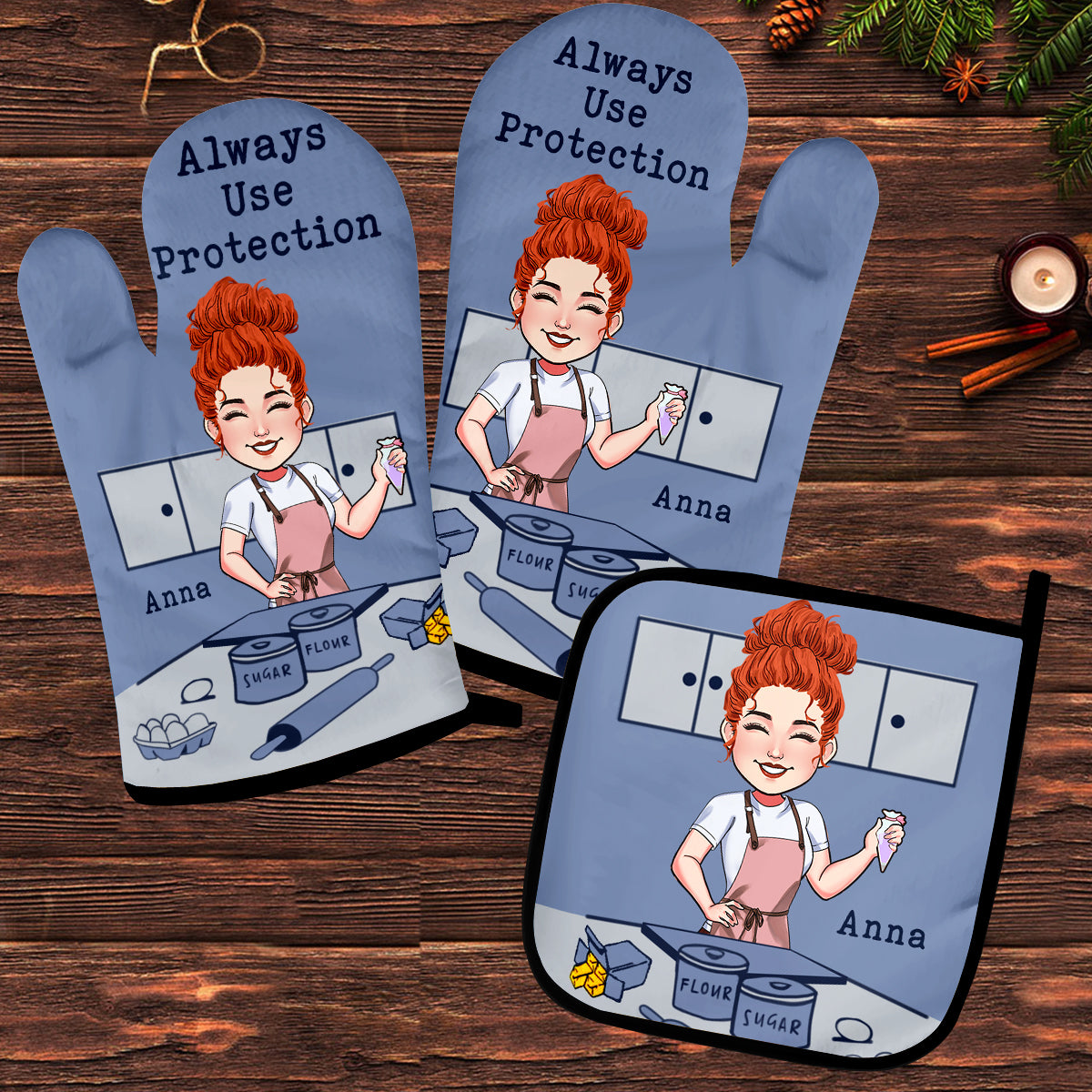 Always Use Protection - Personalized Baking Oven Mitts & Pot Holder Set