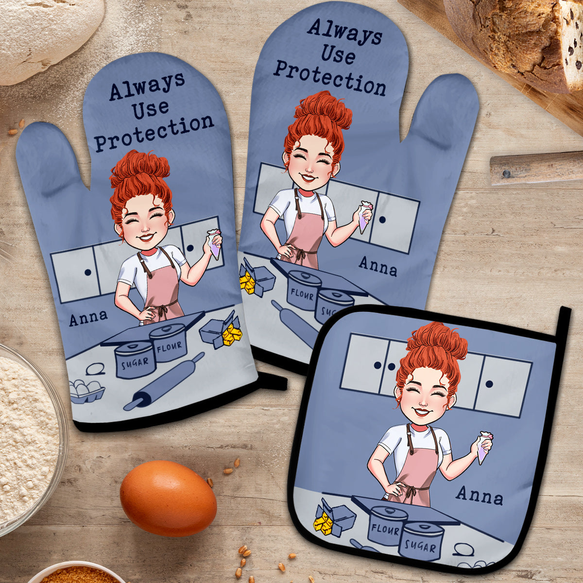 Always Use Protection - Personalized Baking Oven Mitts & Pot Holder Set