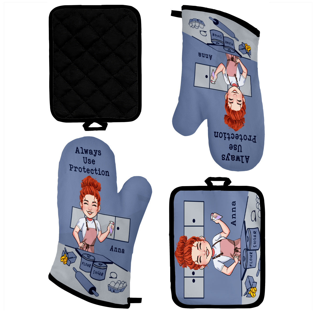 Always Use Protection - Personalized Baking Oven Mitts & Pot Holder Set