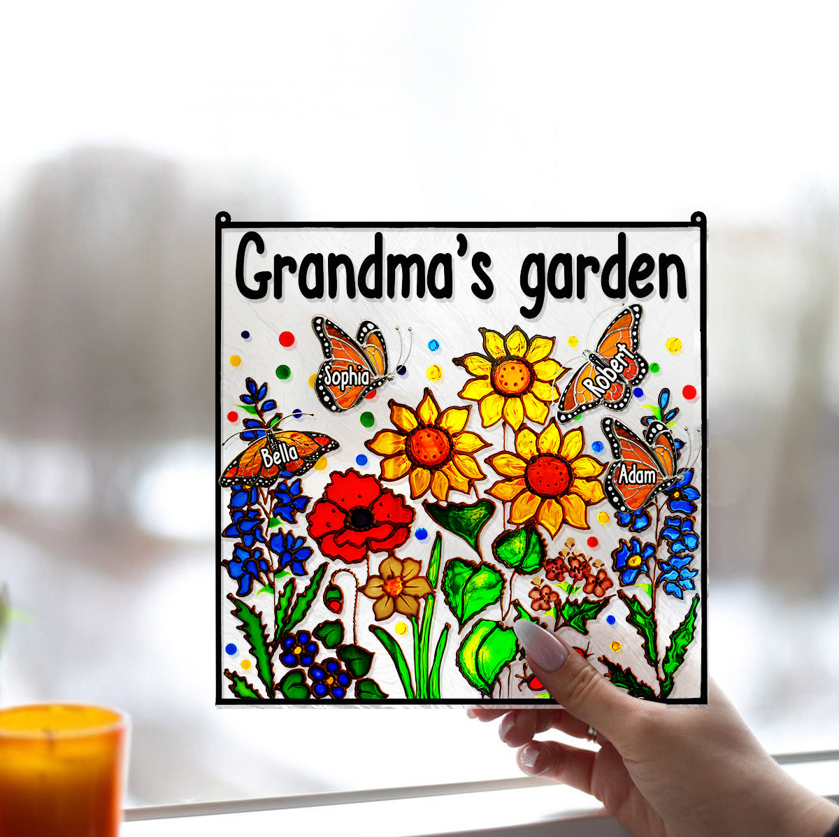 Grandma's Garden With Butterfly - Personalized Grandma Window Hanging Suncatcher Ornament