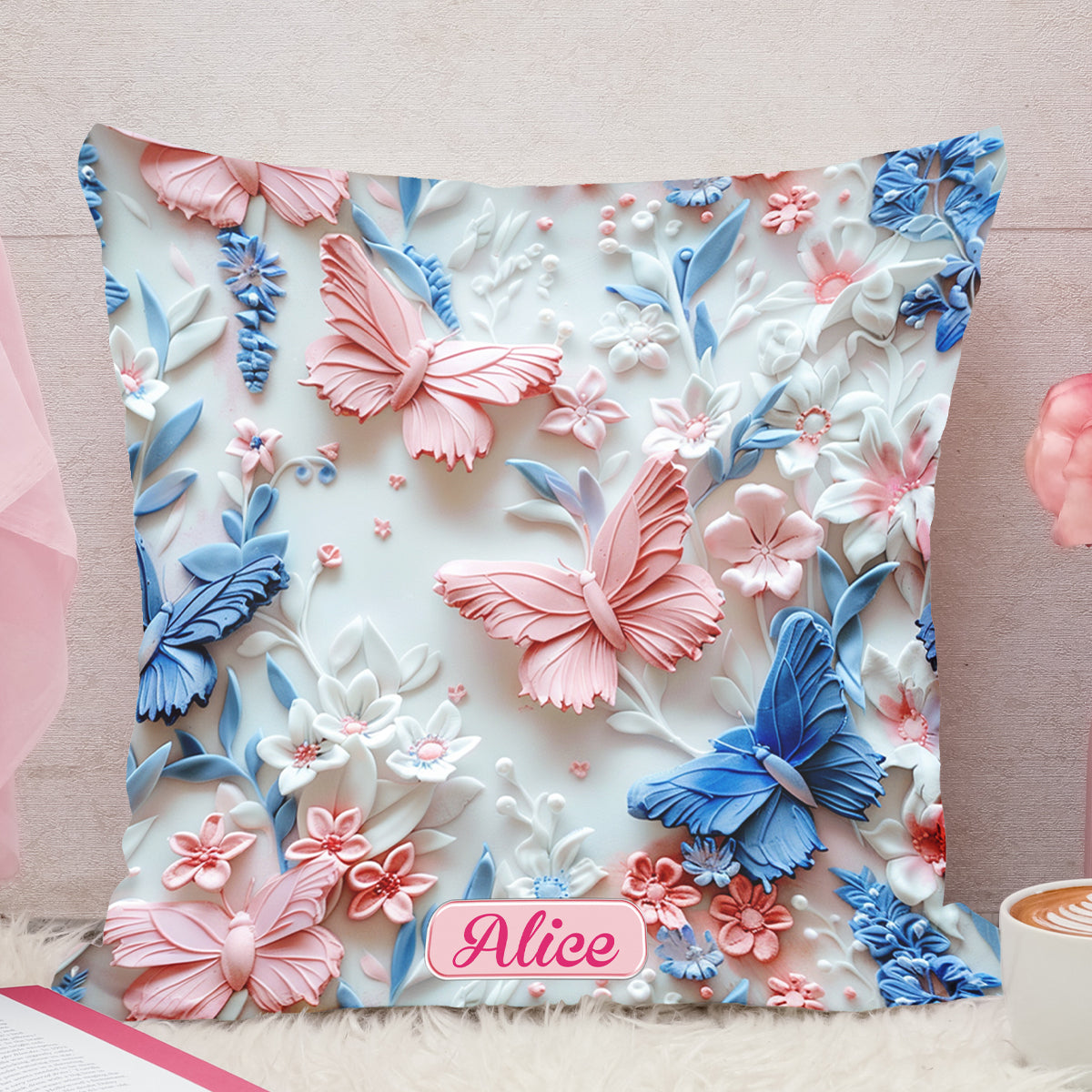 Pink And Blue Butterflies - Personalized Butterfly Throw Pillow