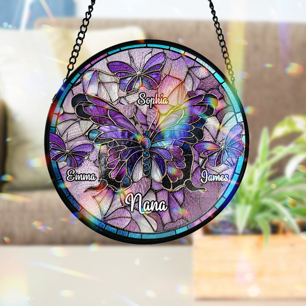 Nana Beautiful Butterfly Any Title - Personalized Grandma Stained Glass Suncatcher