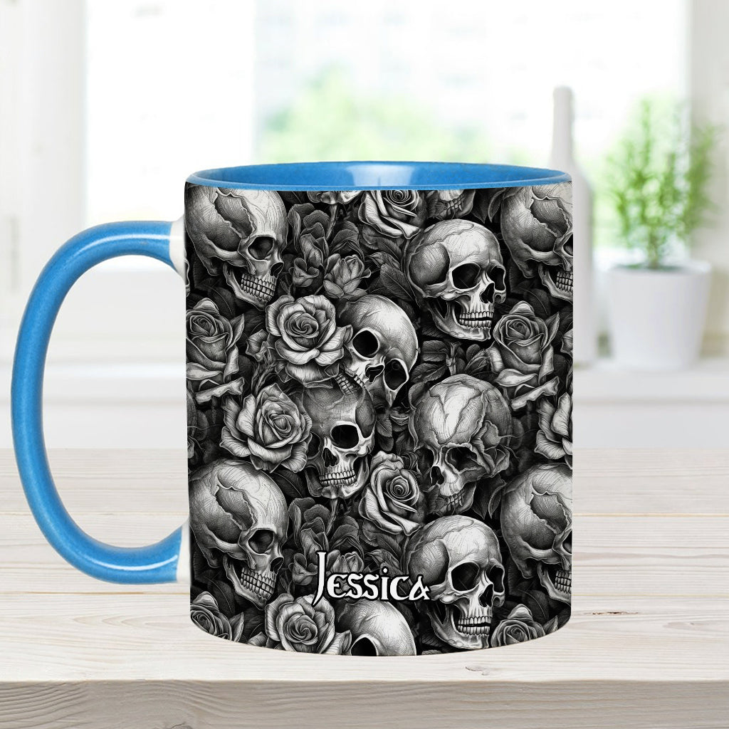 Skull Roses Black And White - Personalized Skull Accent Mug