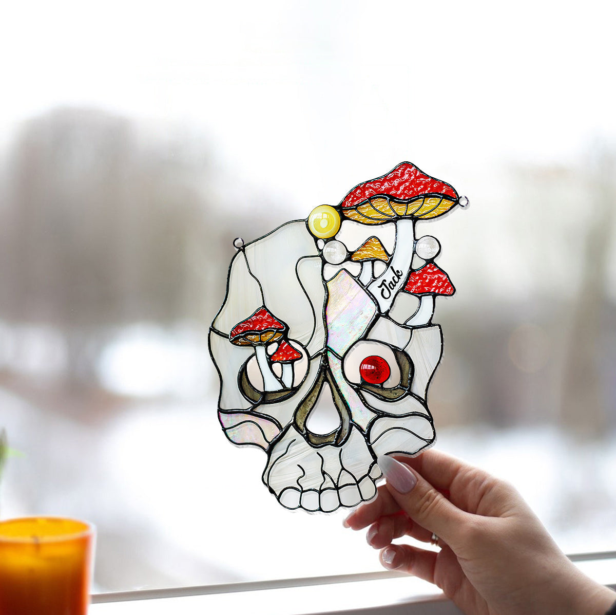 Mushroom White Skull - Personalized Skull Window Hanging Suncatcher Ornament