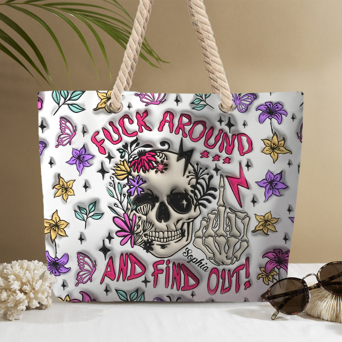 Fuck Around And Find Out - Personalized Skull Beach Bag