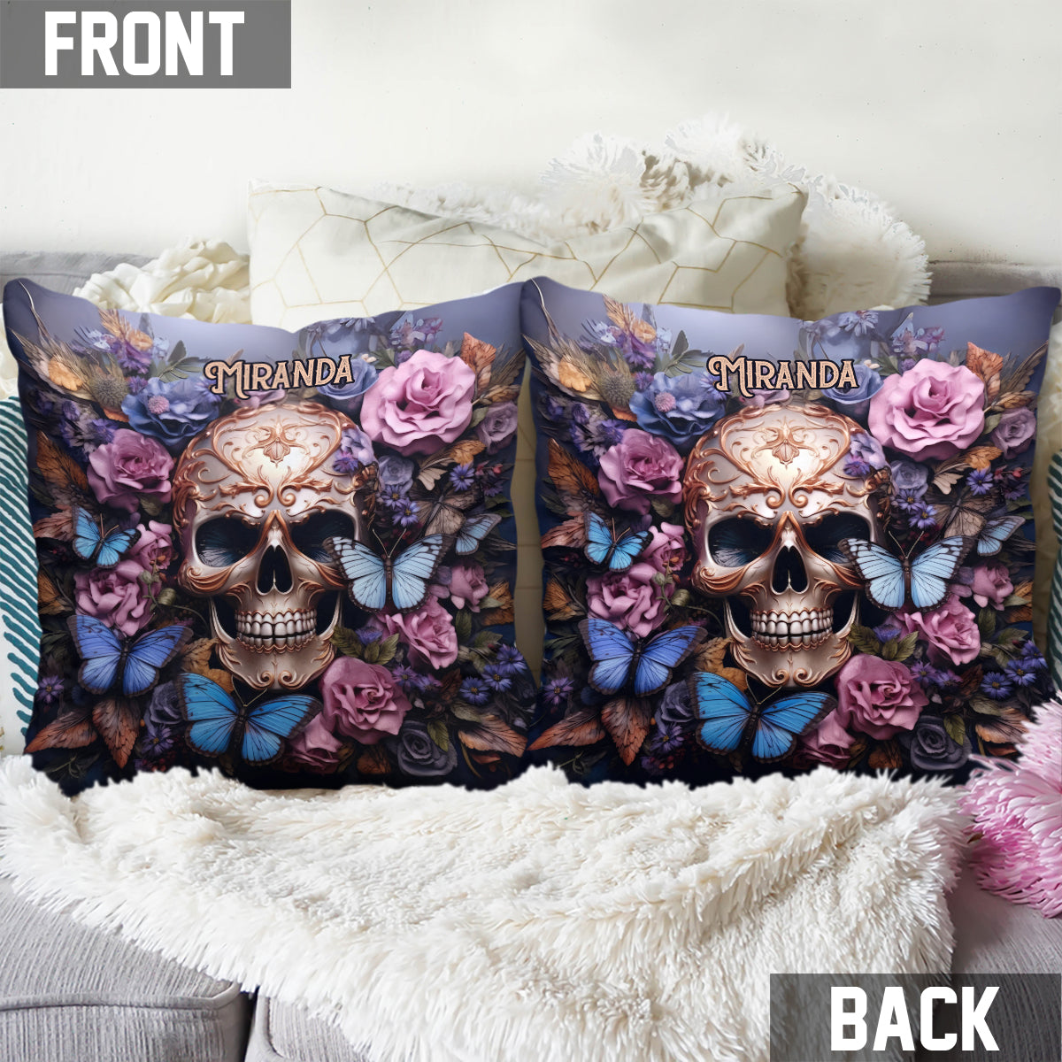 Beauty Of The Dark Skull Roses Butterflies - Personalized Skull Throw Pillow