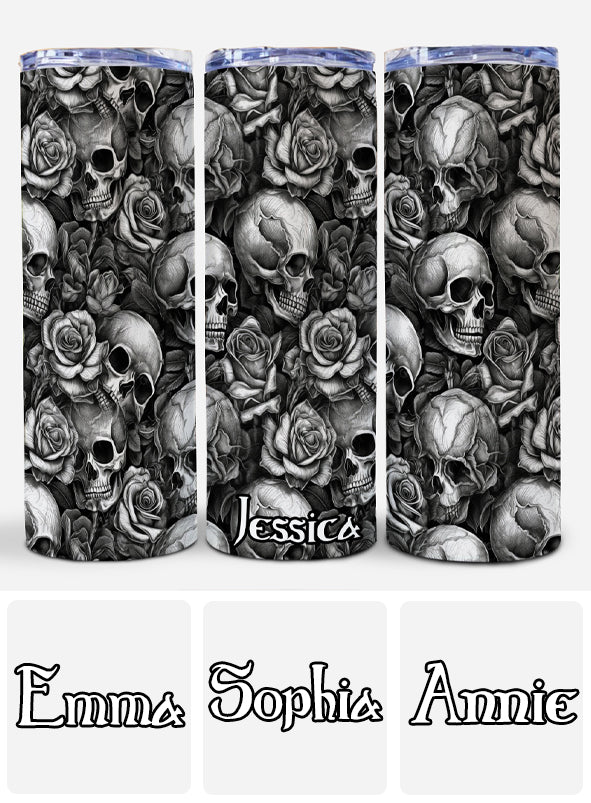 Glow In The Dark Skull Roses - Personalized Skull Glow Skinny Tumbler