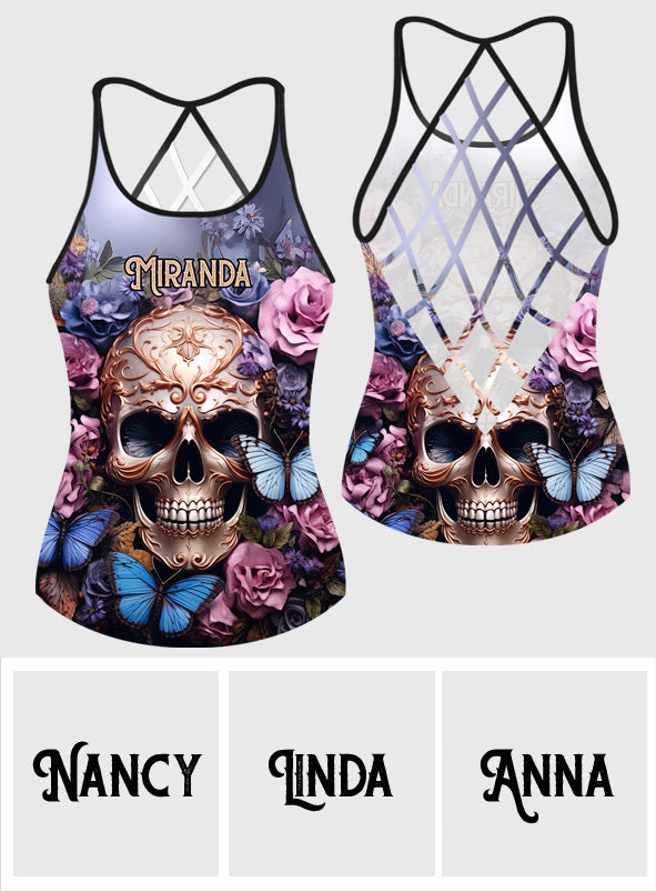 Beauty Of The Dark Skull Roses Butterflies - Personalized Skull Cross Tank Top