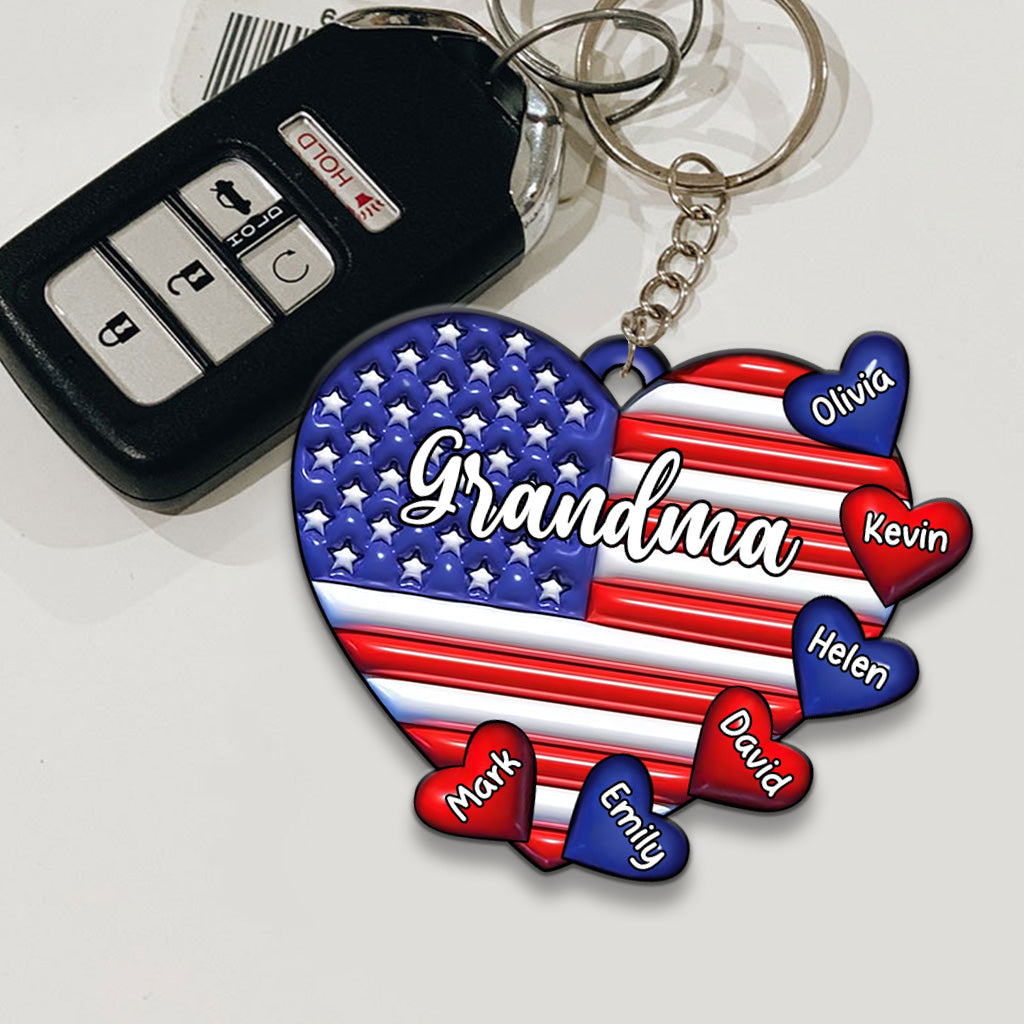 Grandma & Grandkids Puff Heart Flag - Personalized Grandma Keychain