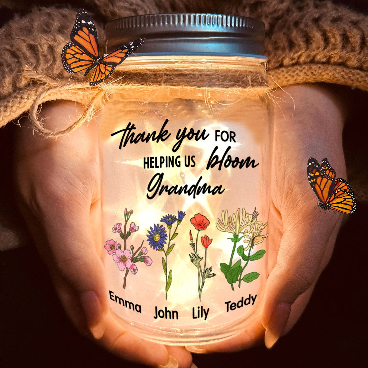 Thank You For Helping Us Bloom - Personalized Grandma Mason Jar Light