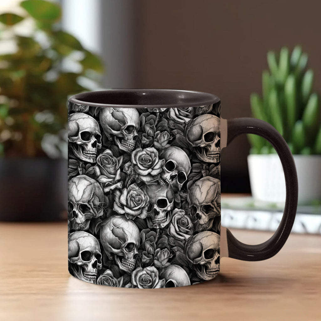 Skull Roses Black And White - Personalized Skull Accent Mug