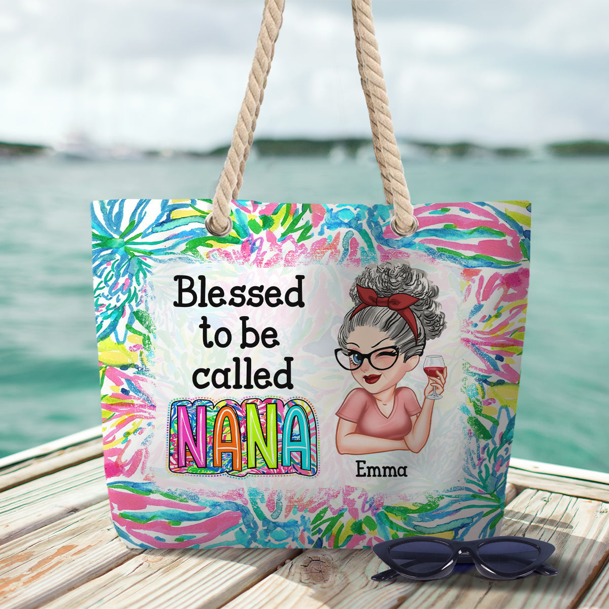 Grandma Nana Gigi Scribble Doodle Grandkid - Personalized Grandma Beach Bag