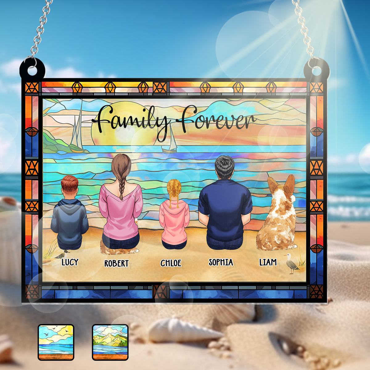 Discover Family Sitting Back View Beautiful Ocean - Personalized Family Window Hanging Suncatcher Ornament