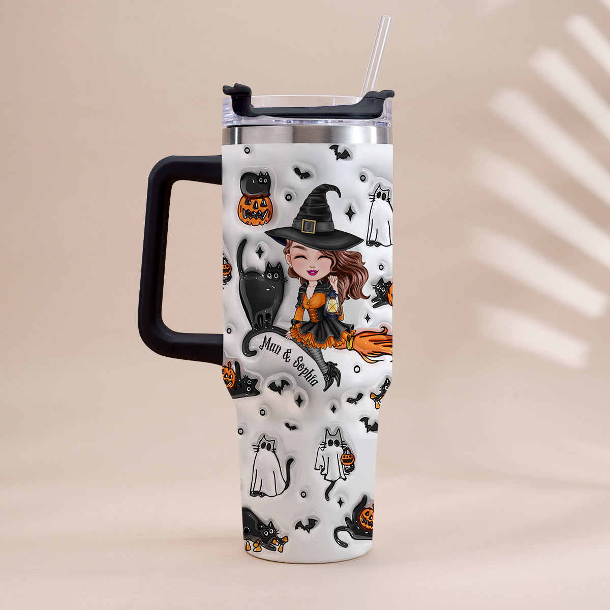 Cute Witch Halloween Ghost Boo Cat - Personalized Witch Tumbler With Handle