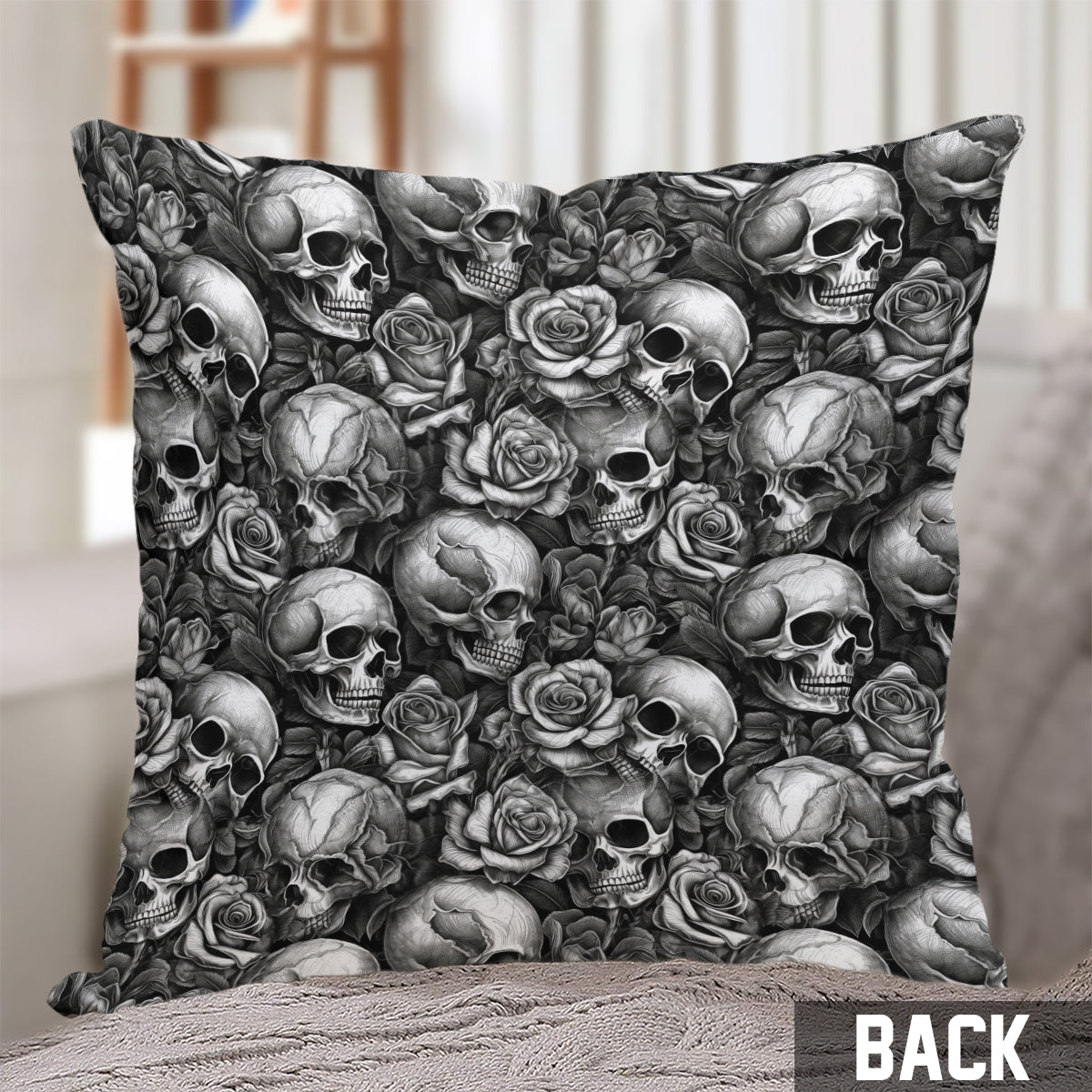 Skull Roses Black And White - Personalized Skull Throw Pillow