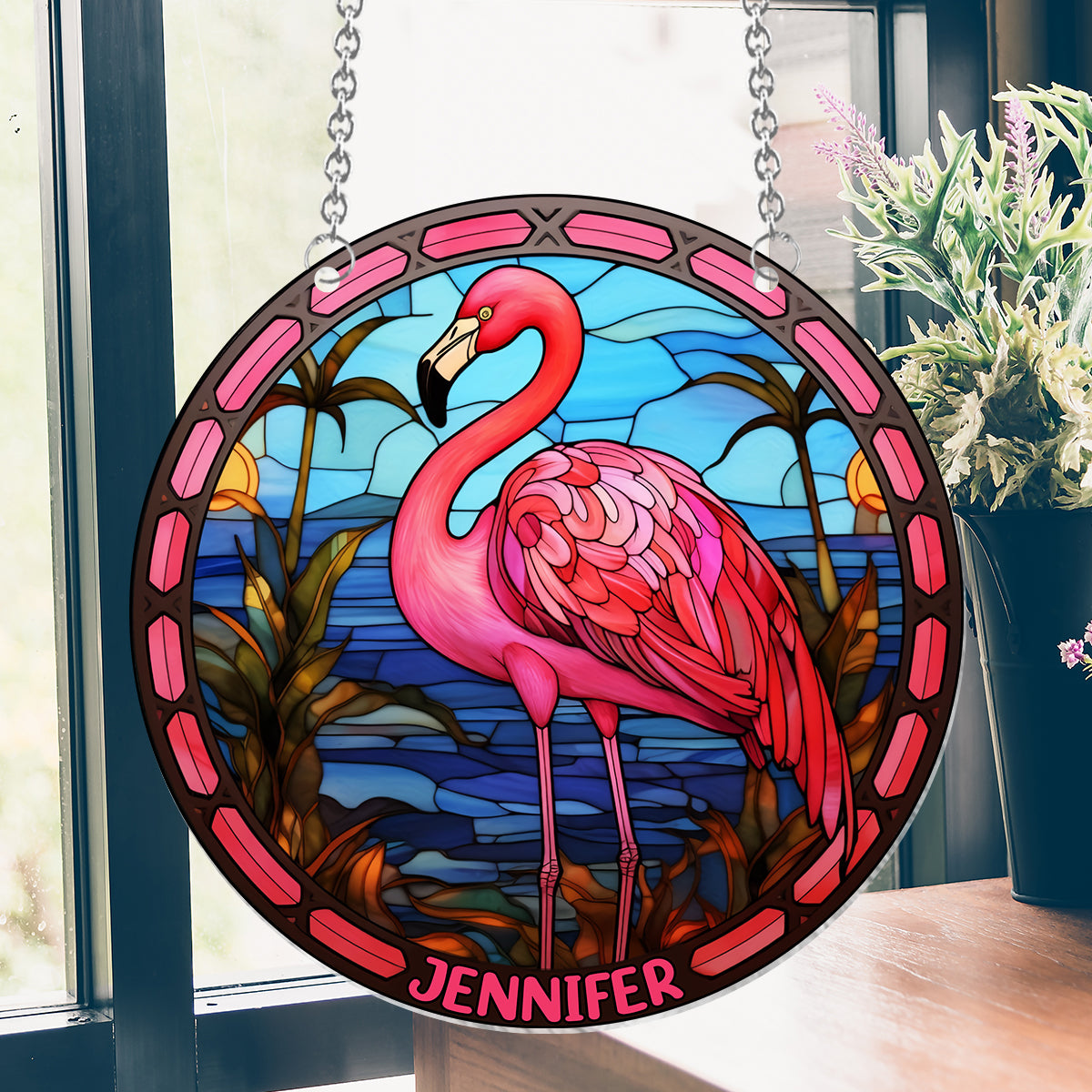 Love Flamingos - Personalized Flamingo Window Hanging Suncatcher Ornament