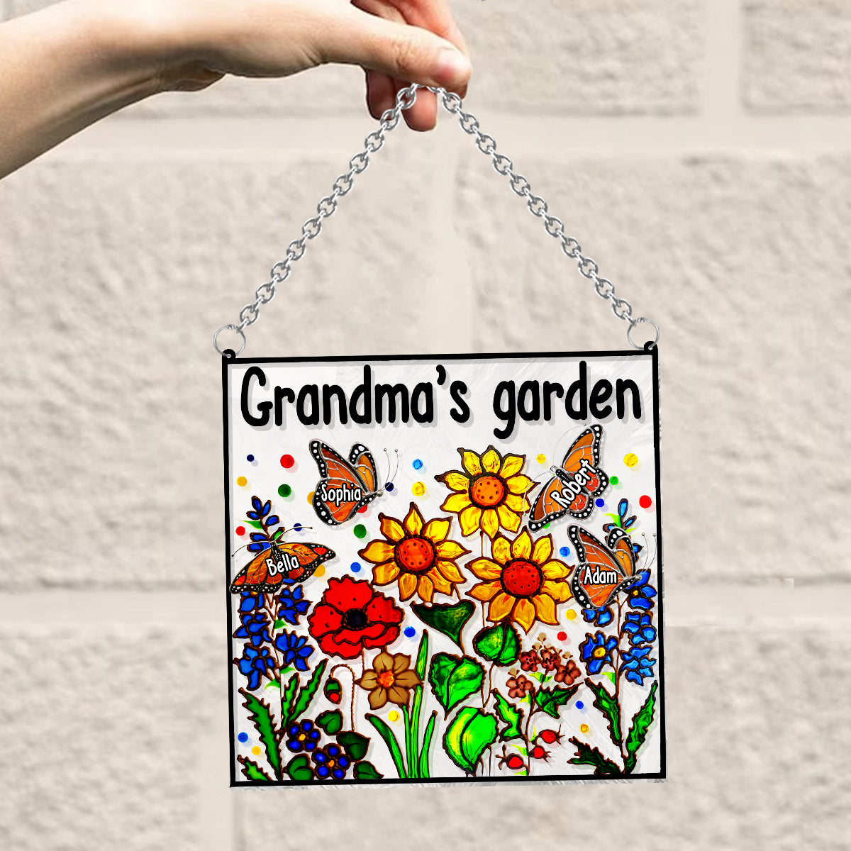 Grandma's Garden With Butterfly - Personalized Grandma Window Hanging Suncatcher Ornament