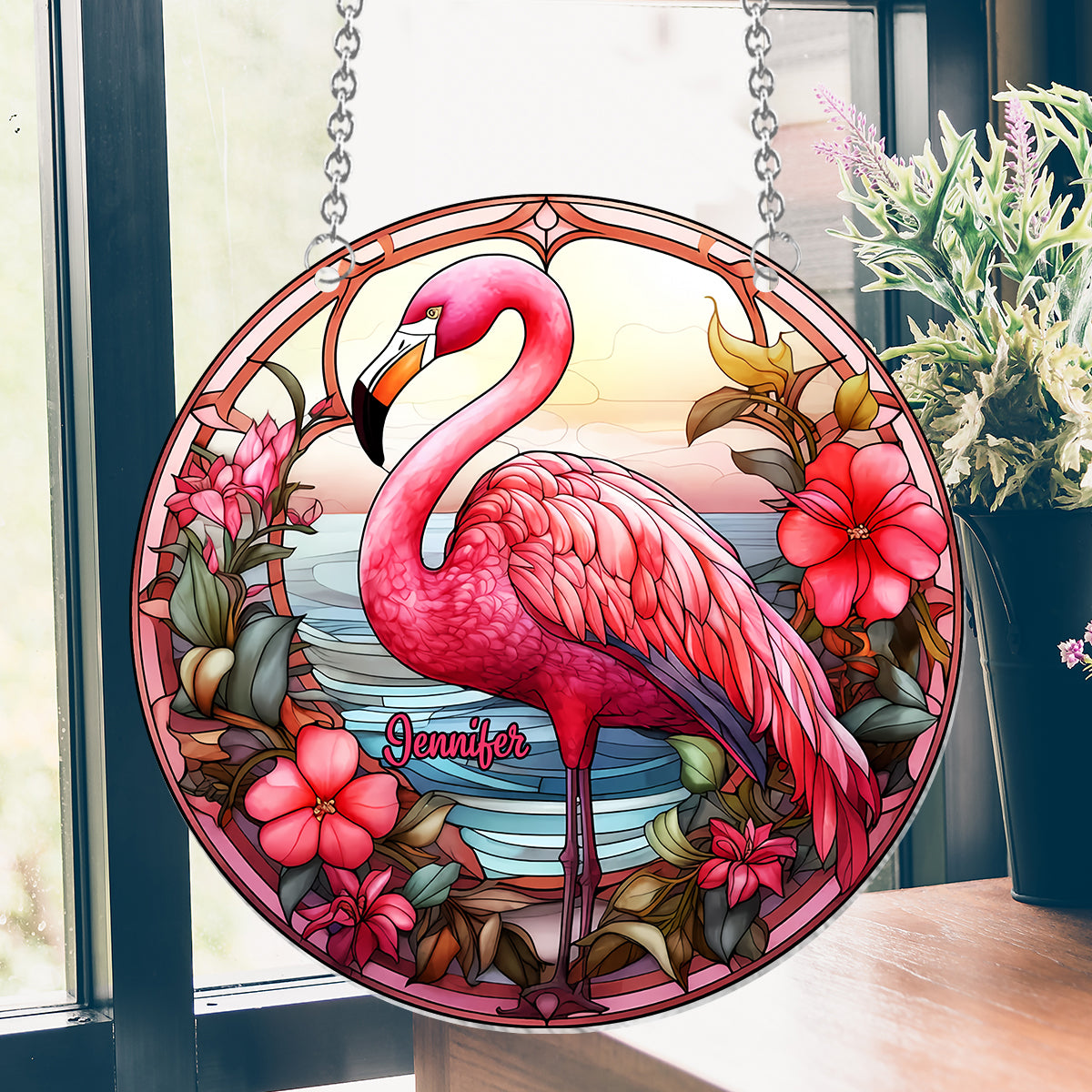 Love Flamingos - Personalized Flamingo Window Hanging Suncatcher Ornament