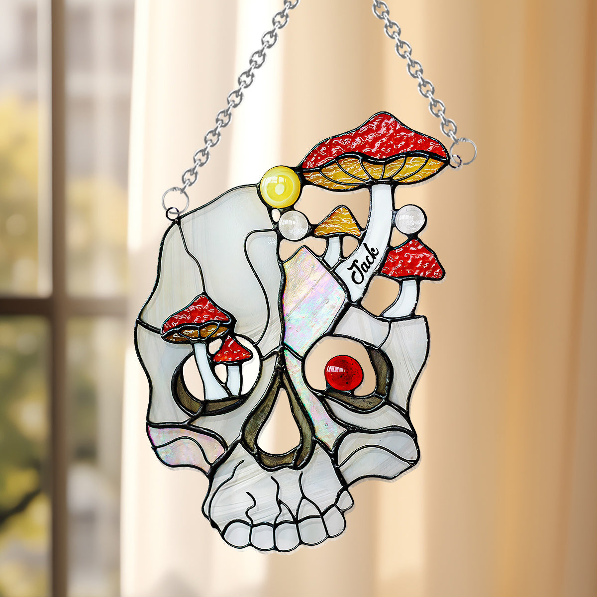 Mushroom White Skull - Personalized Skull Window Hanging Suncatcher Ornament