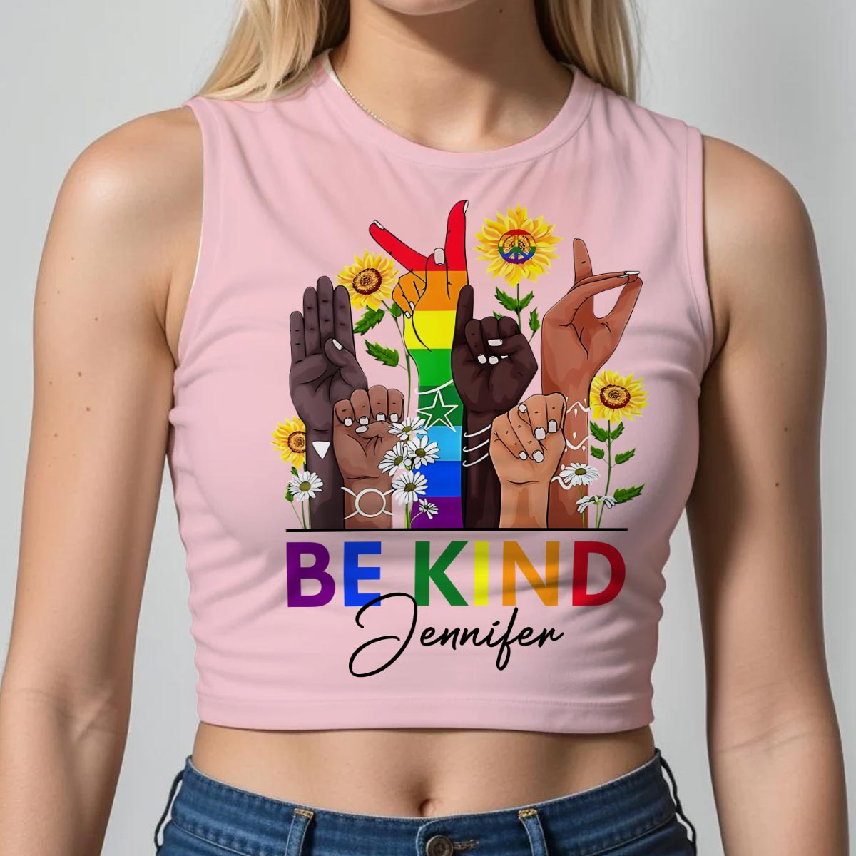 Discover Be Kind Sign Language Rainbow Peace Sign - Personalized LGBT Support Crop Tank Top