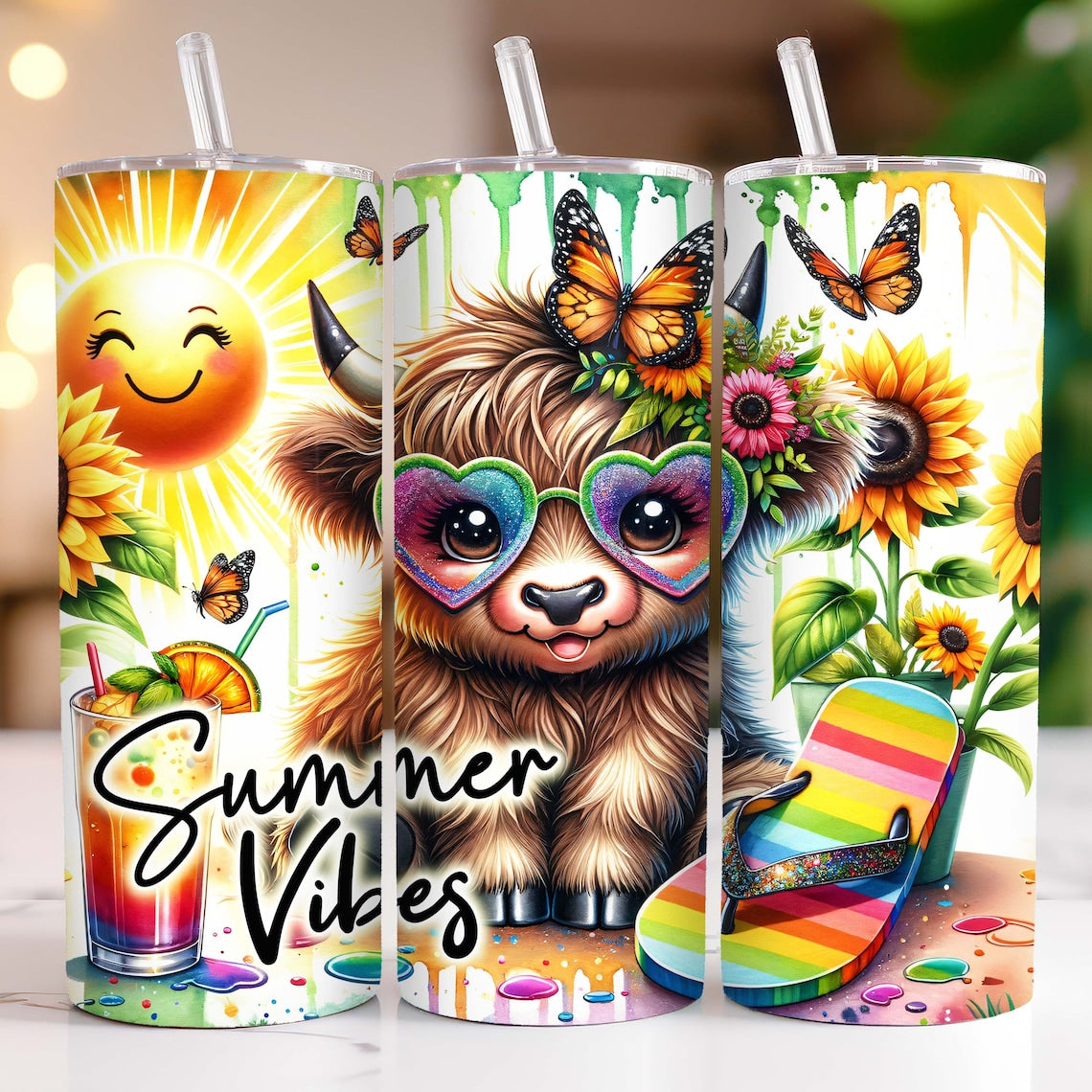 Summer Vibes Highland Cow Skinny Tumbler 0624