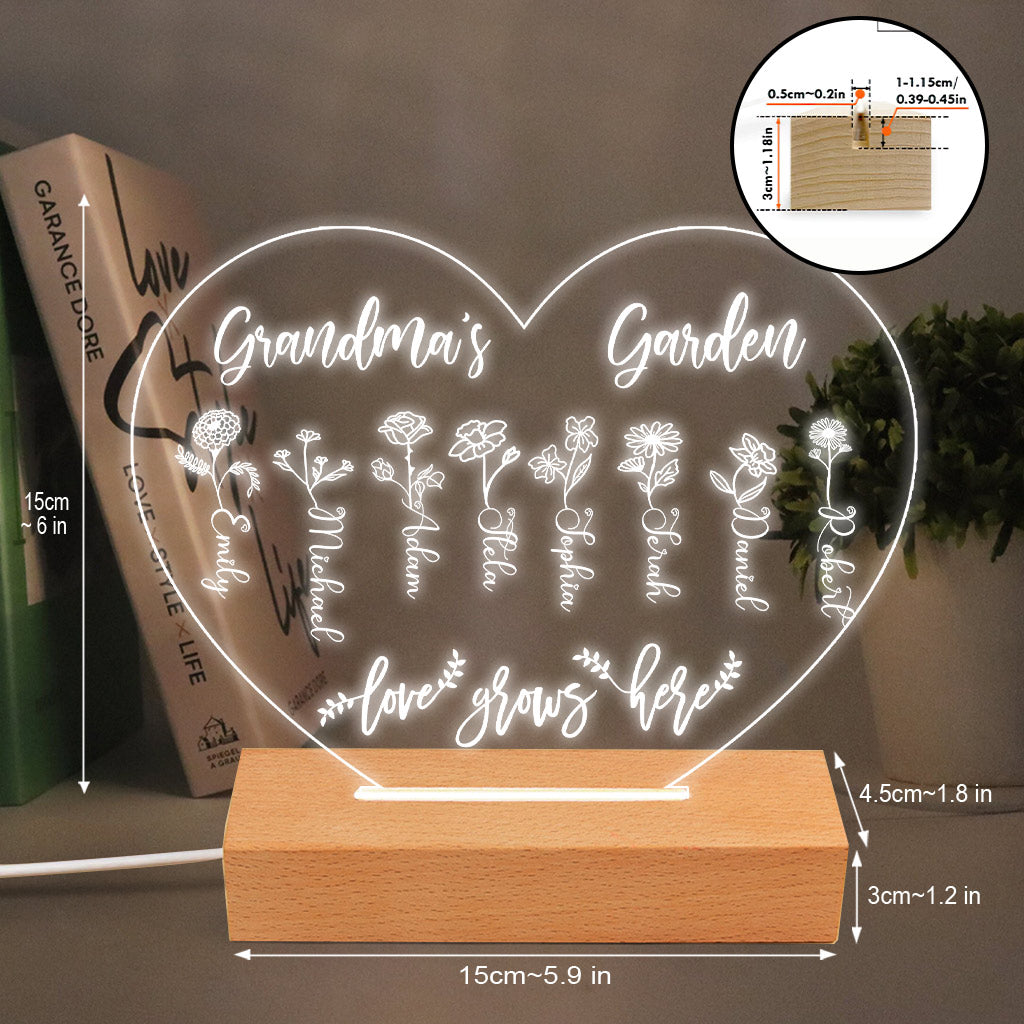 Grandma's Garden - Gift for grandma, mom, aunt, grandpa - Personalized Shaped Plaque Light Base