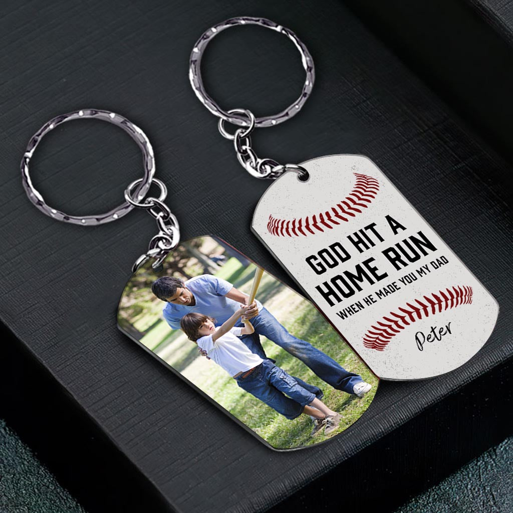 God Hit A Home Run - Personalized Father's Day Father Stainless Steel Keychain