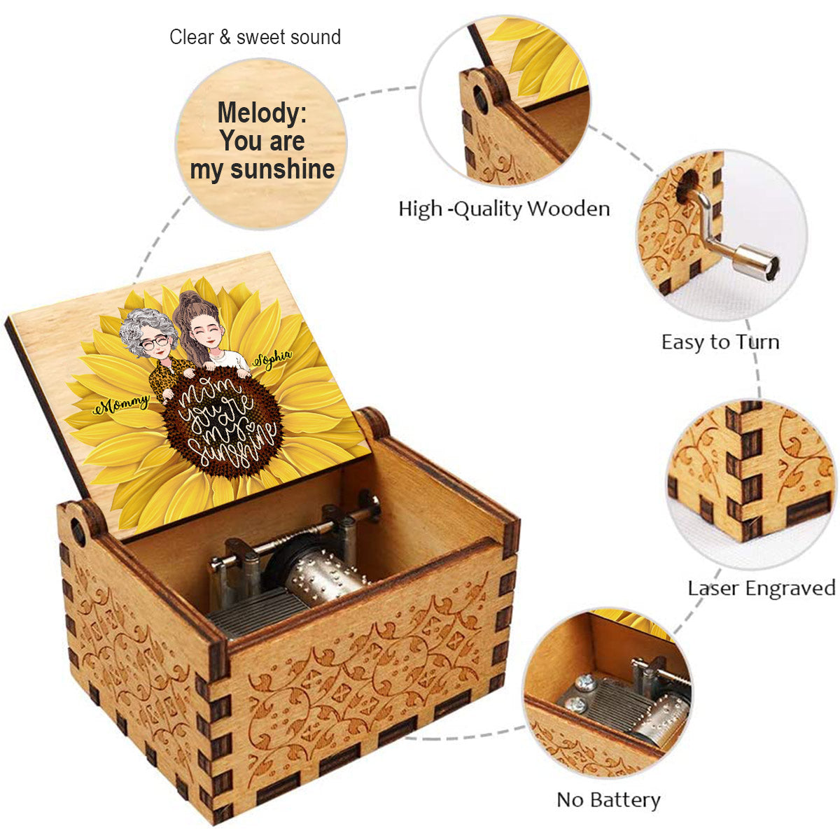 Mom You Are My Sunshine - Personalized Mother's Day Mother Hand Crank Music Box