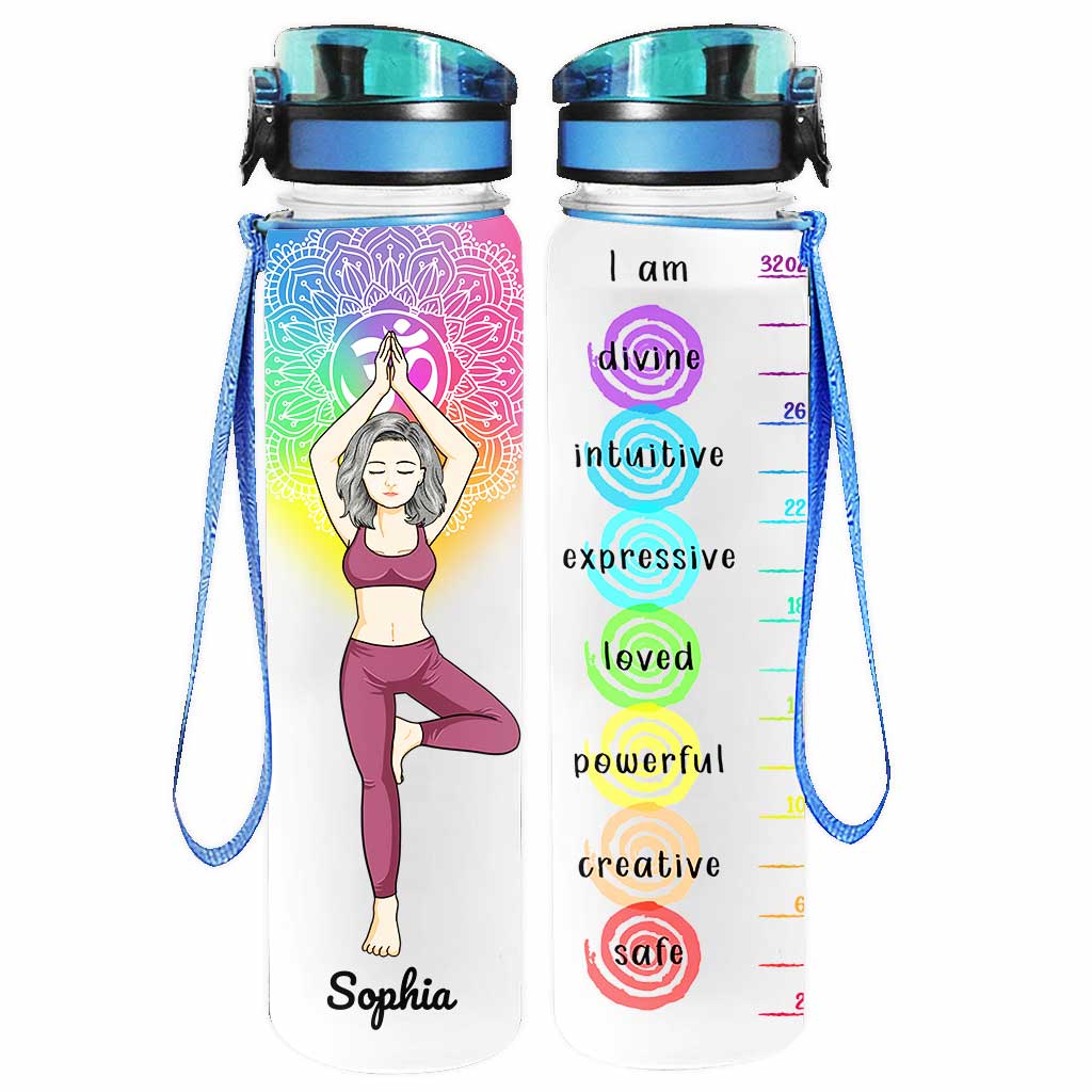 I Am Divine Intuitive Expressive Loved - Personalized Yoga Water Tracker Bottle