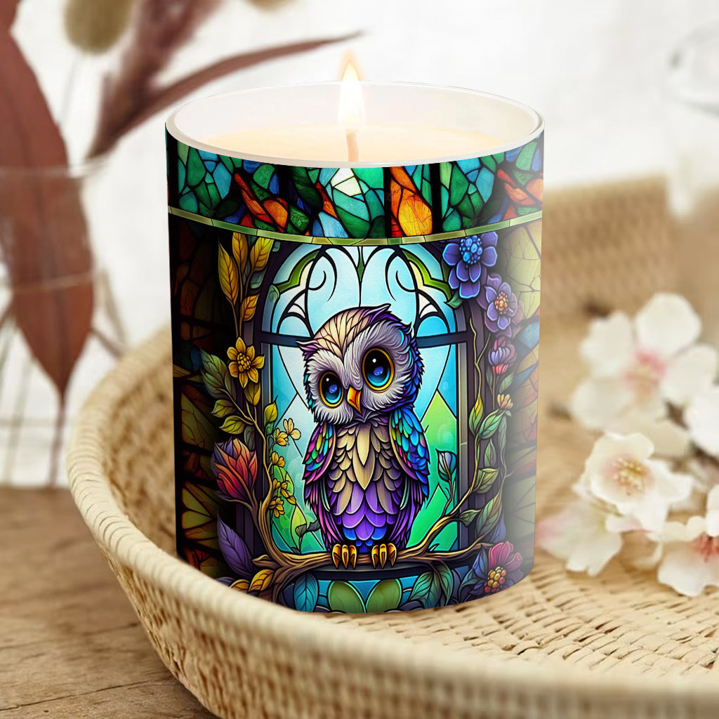 Colorful Owl - Personalized Owl Candle With Wooden Lid