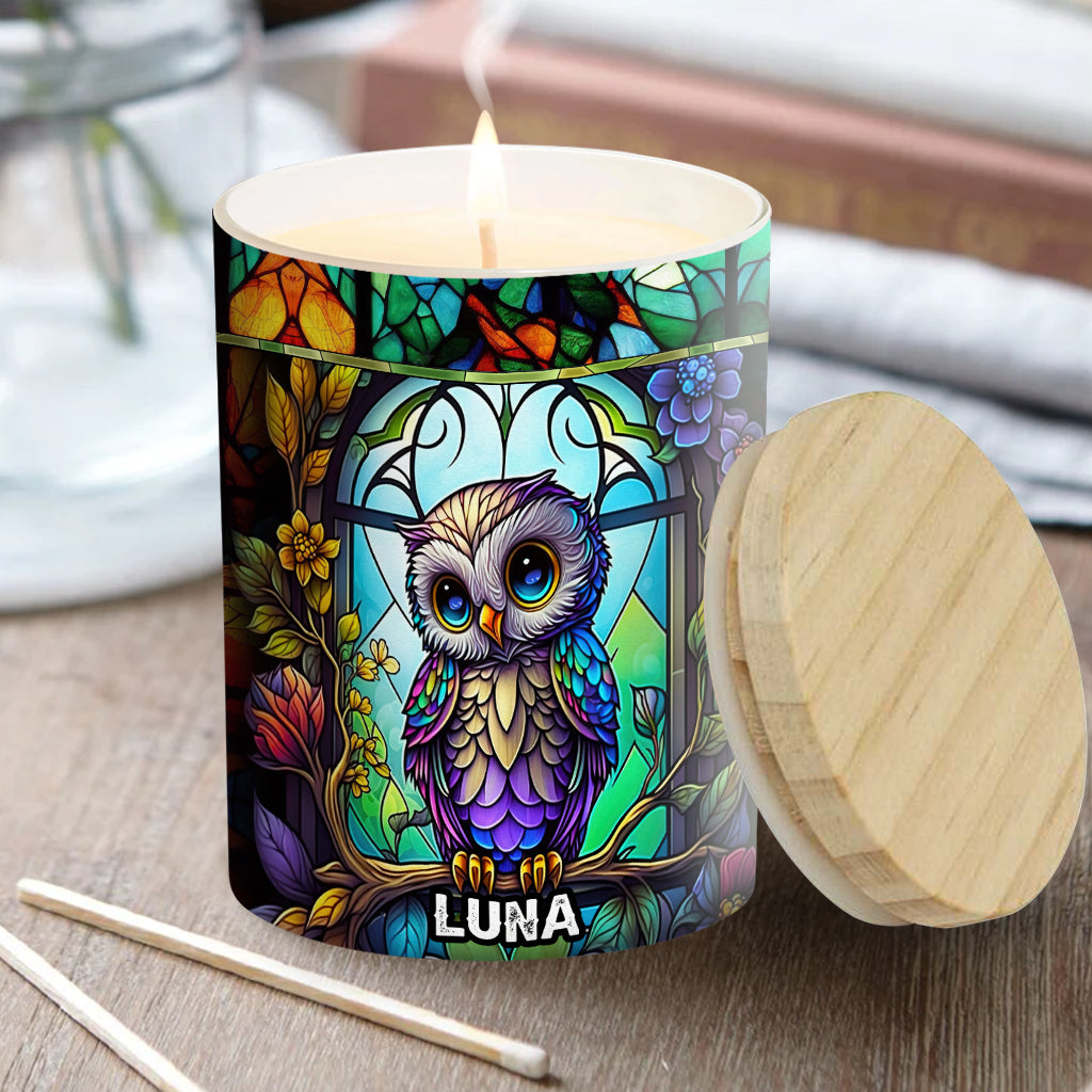 Colorful Owl - Personalized Owl Candle With Wooden Lid