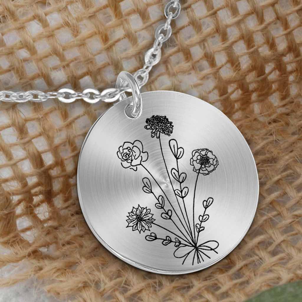 Birthday Flower - Gift for mom, wife,girlfriend, grandma - Personalized Round Pendant Necklace