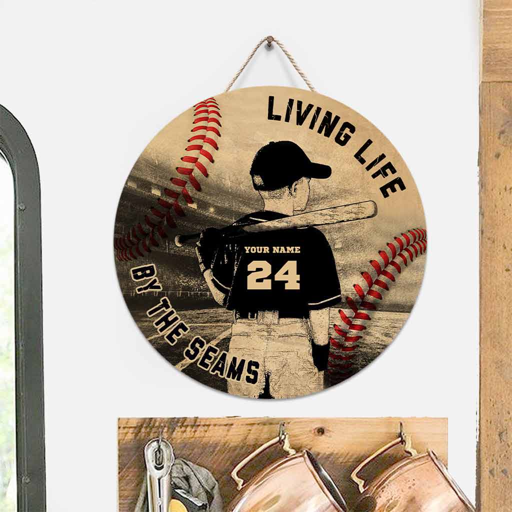 Living Life By The Seams - Baseball Personalized Round Wood Sign