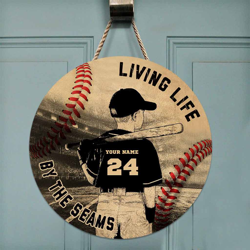 Living Life By The Seams - Baseball Personalized Round Wood Sign
