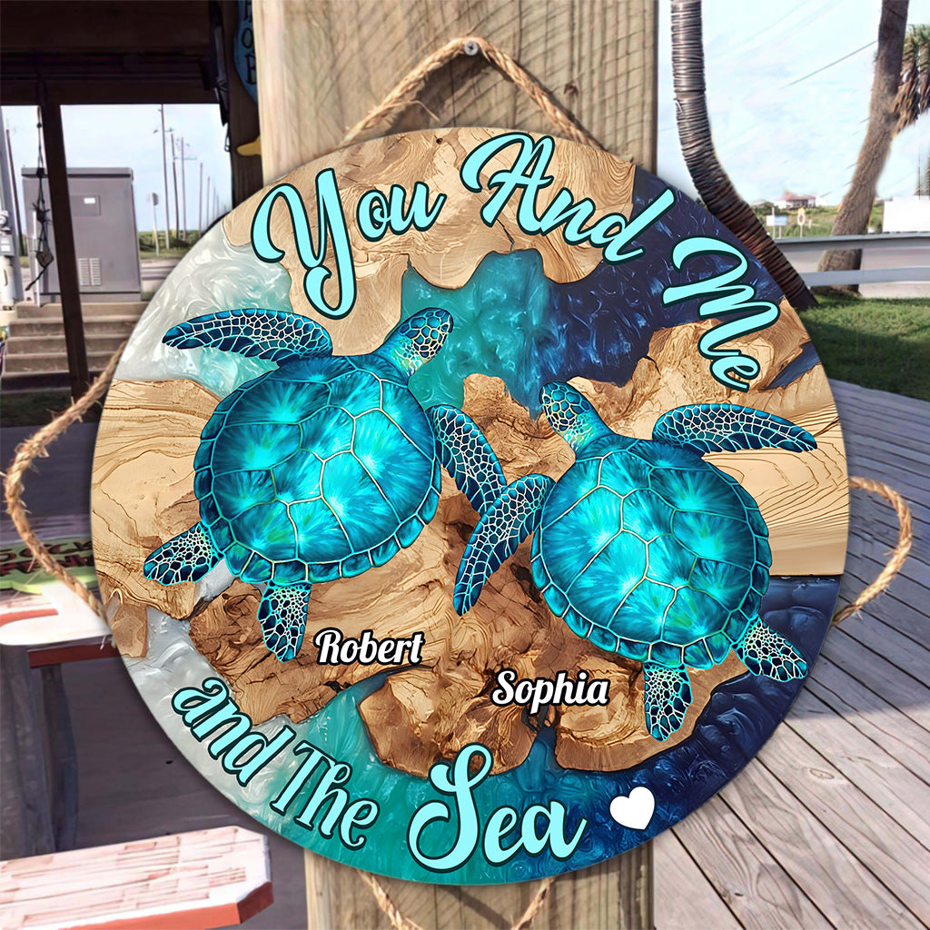 You And Me And The Sea - Personalized Turtle Round Wood Sign