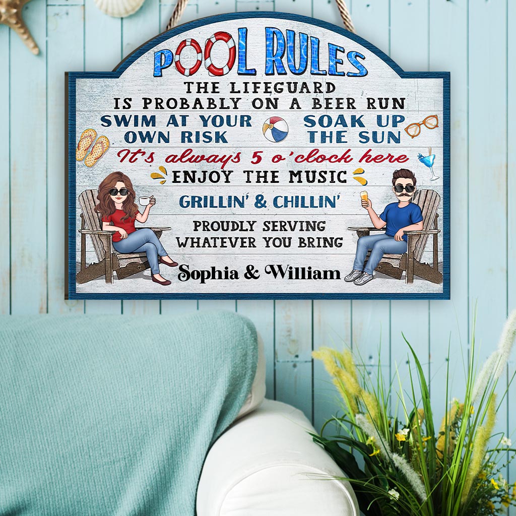 Pool Rules Swim At Your Own Risk - Personalized Backyard Wood Sign