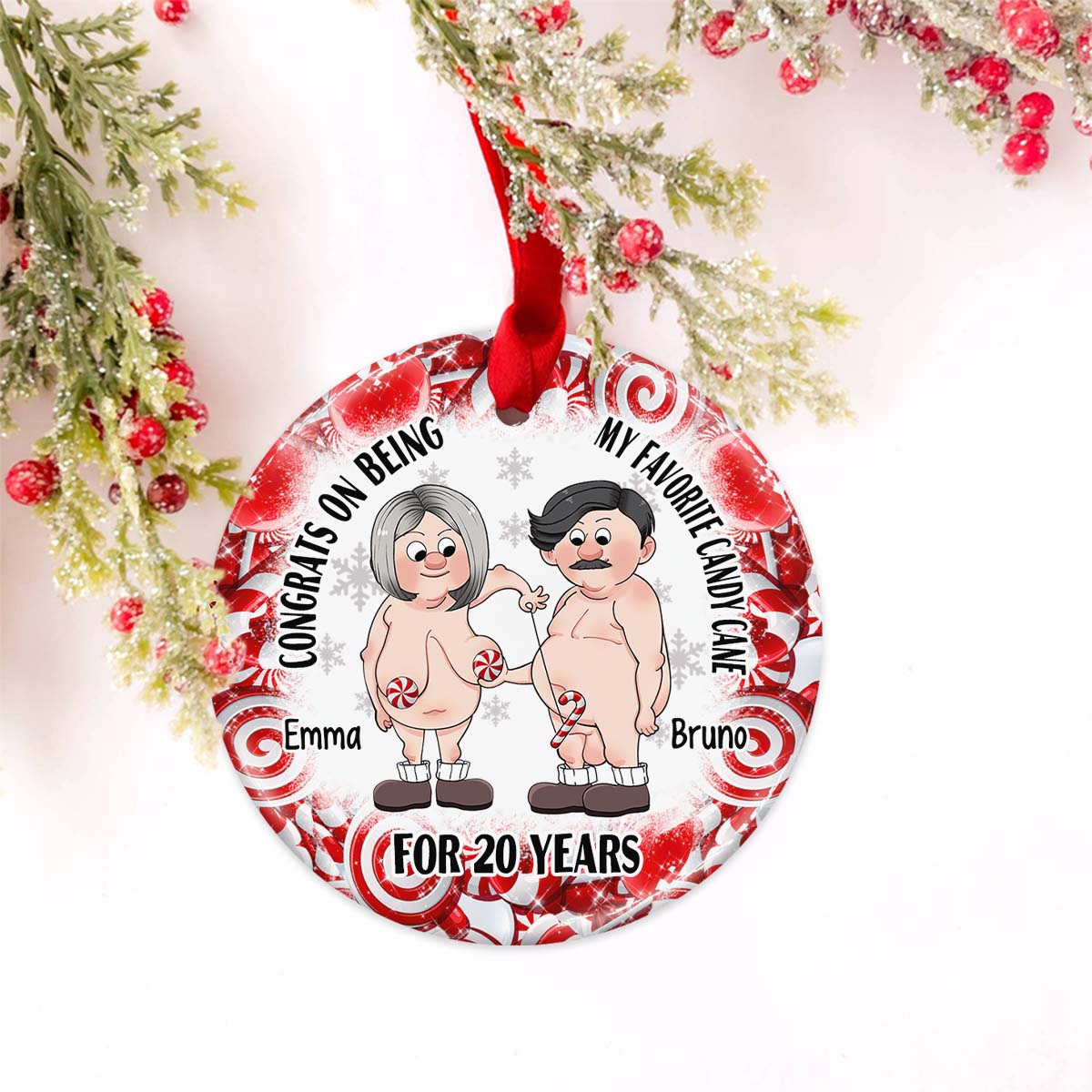 Congrats On Being My Favorite Candy Cane - Personalized Husband And Wife Ceramic Circle Ornament