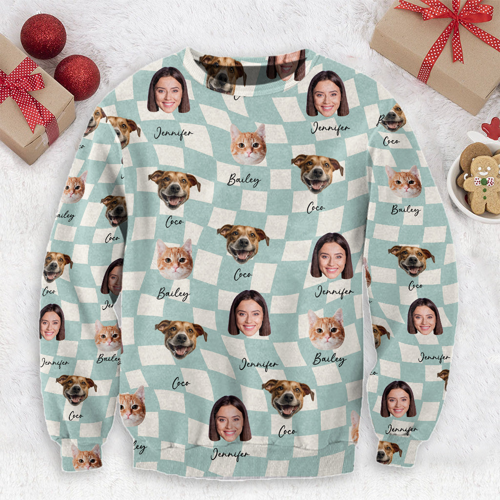 Any Photo Upload On Plaid Pattern With Many Background Color - Personalized Cat Ugly Sweater