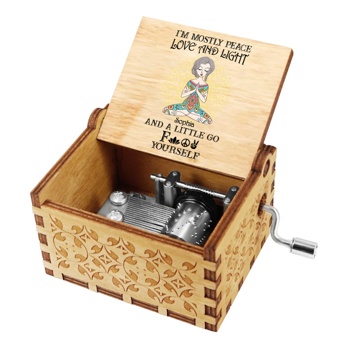 I’m Mostly Peace Love And Light - Personalized Yoga Hand Crank Music Box