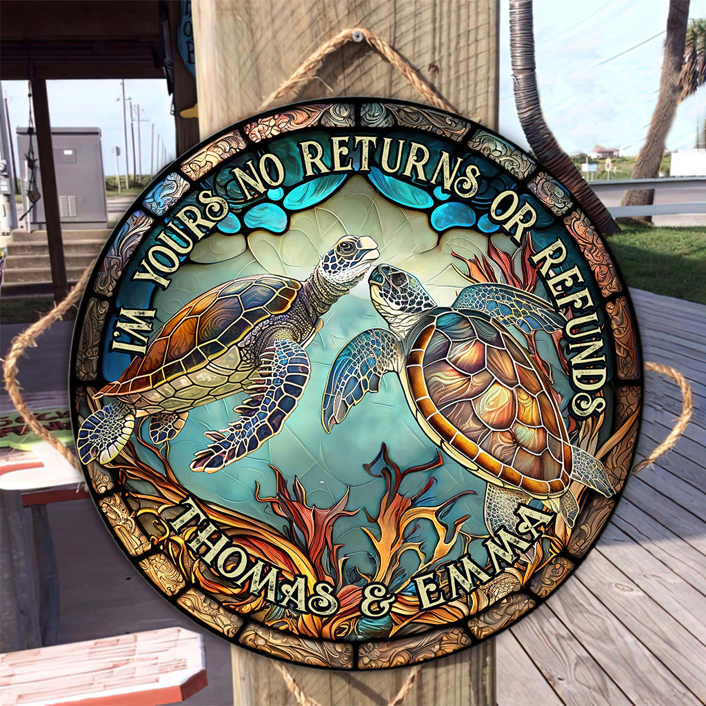 Stained Glass Turtle Couple - Turtle gift for husband, wife, boyfriend, girlfriend - Personalized Round Wood Sign