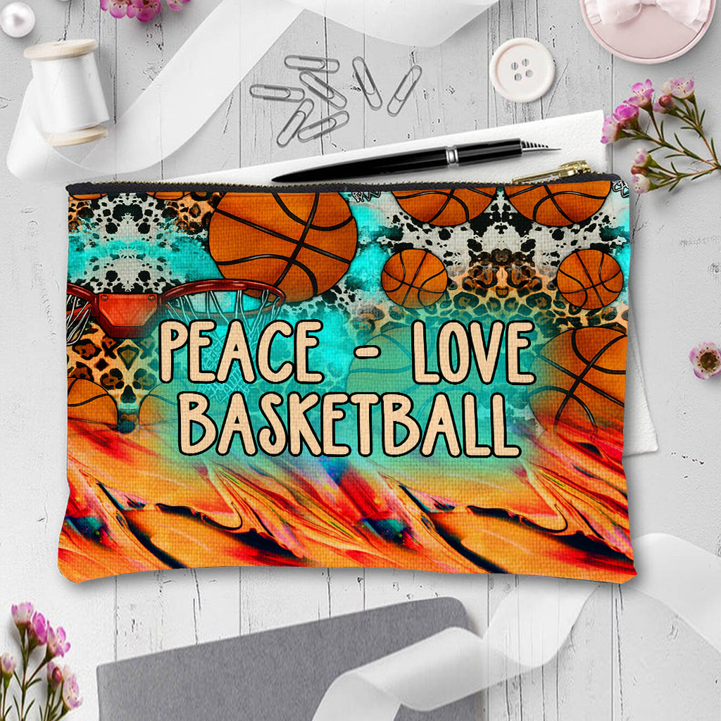 Discover Peace Love Basketball Leopard - Personalized Basketball Makeup Bag