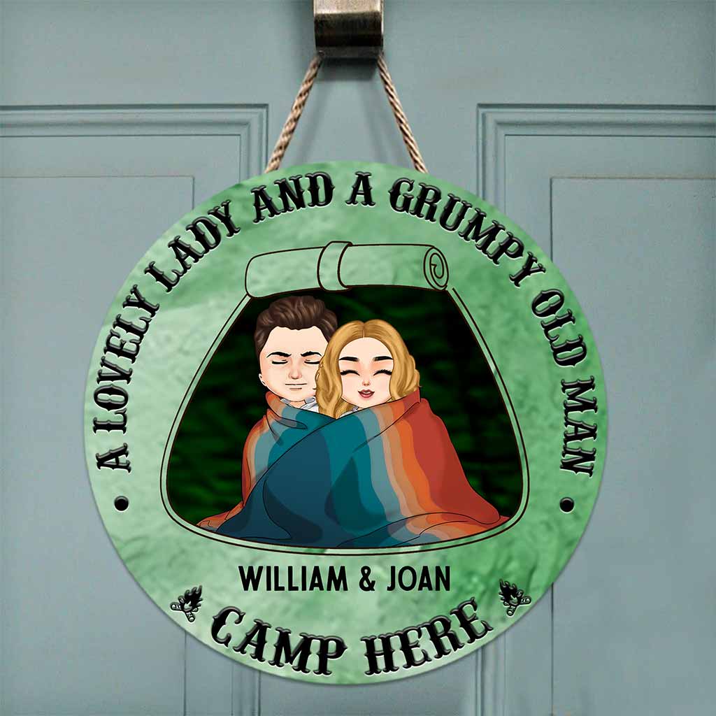 A Lovely Lady Grumpy Old Man Camp Here - Personalized Couple Round Wood Sign