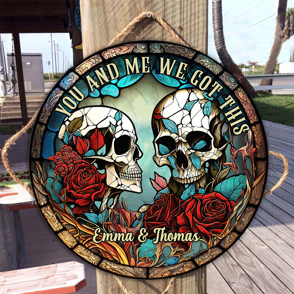 Skull Couple - Personalized Skull Round Wood Sign