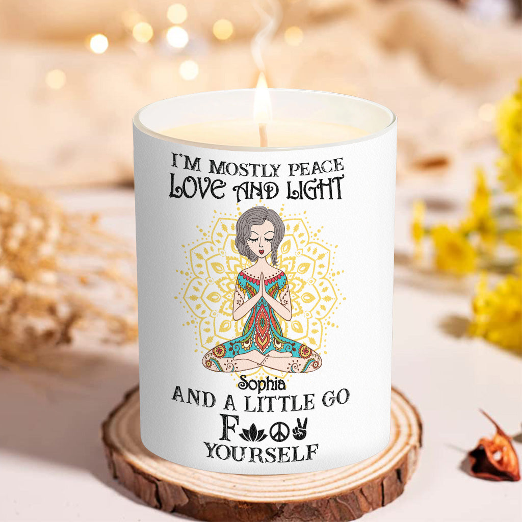 I’m Mostly Peace Love And Light - Personalized Yoga Candle With Wooden Lid