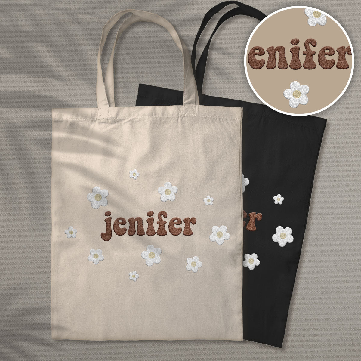 Custom Name With Flower - Personalized Daughter Embroidered Tote Bag