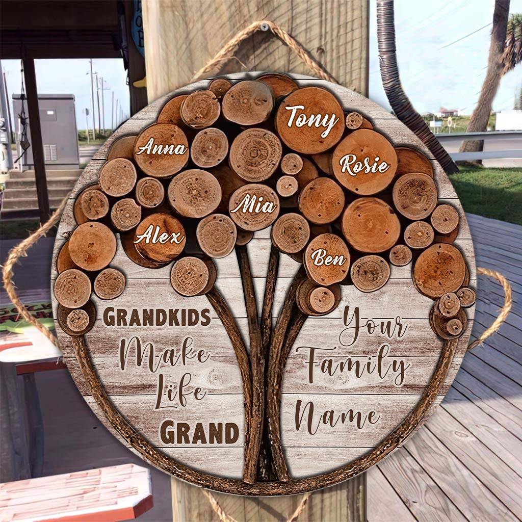 Grandkids Make Life Grand - Personalized Grandma Round Wood Sign