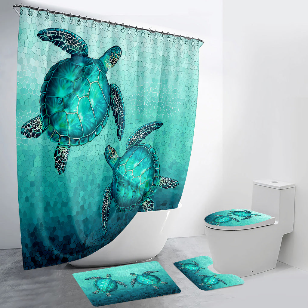 Swimming In The Water Turtle Bathroom Curtain & Mats Set