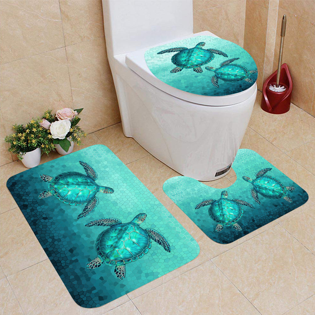 Swimming In The Water Turtle Bathroom Curtain & Mats Set