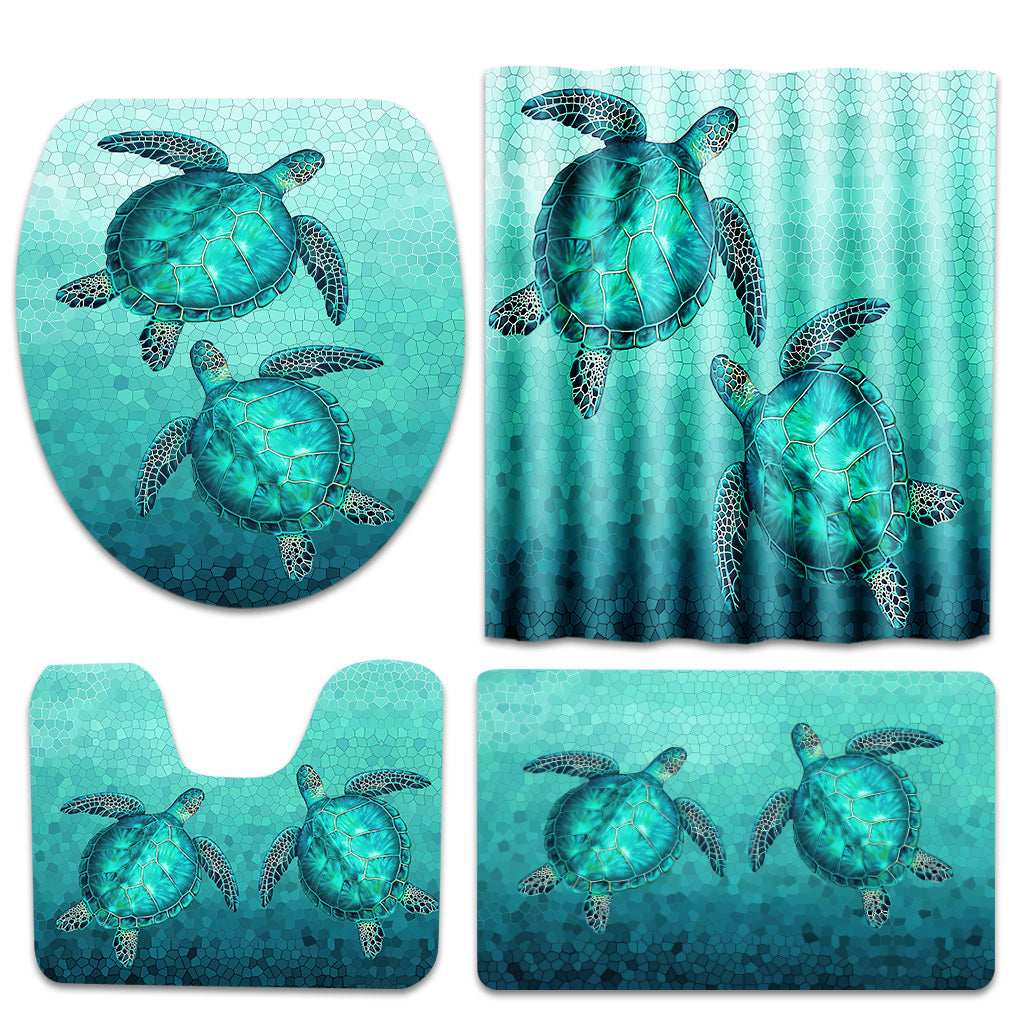Swimming In The Water Turtle Bathroom Curtain & Mats Set